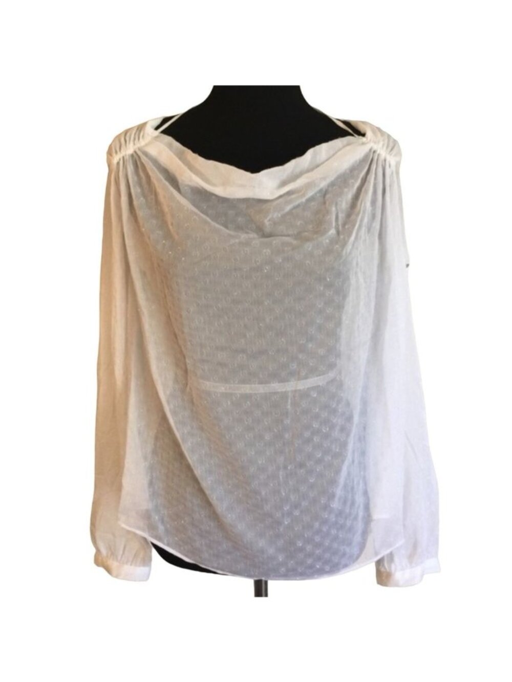 NWT Jennifer Lopez White Sheer Swiss Dot Cowl Neck Long Sleeve Blouse Top Large